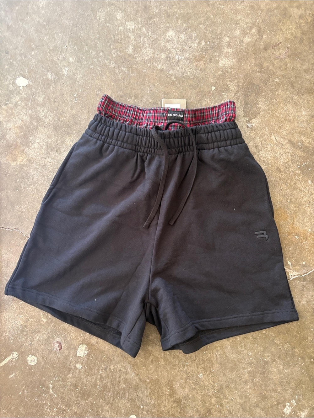 Balenciaga Men’s Black Athletic Drawstring Shorts with Red Plaid Waistband